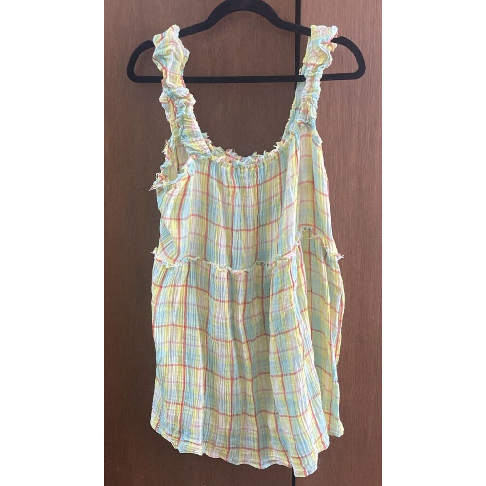 Anthropologie Women's Medium Ruffled Babydoll Tunic Dress Plaid‎ Cotton Gauze